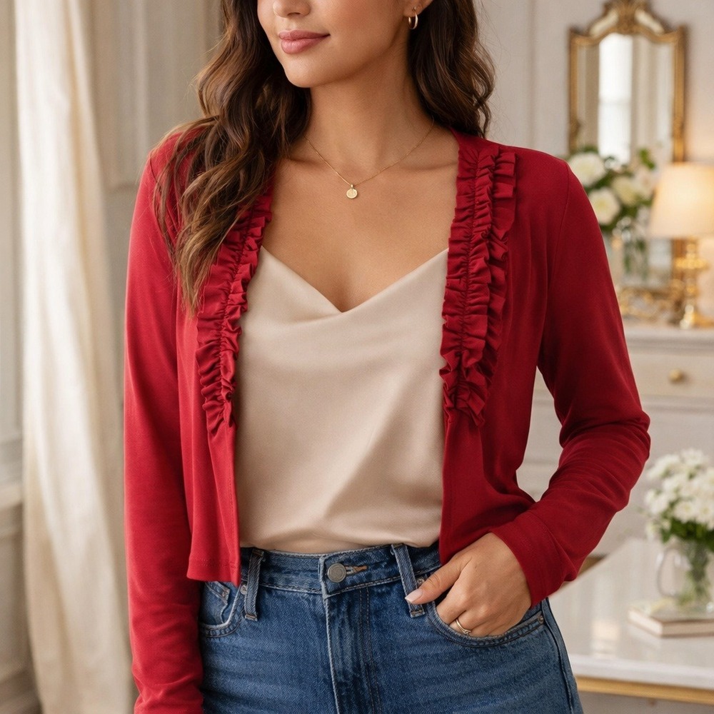 DN Design Red Ruffle Trim Cropped Open Front Cardigan Top Size L Romantic